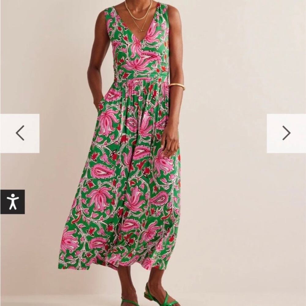 Boden Sz 16-18R Sleeveless Jersey Maxi Dress in Paisley Floral Print Green Pink
